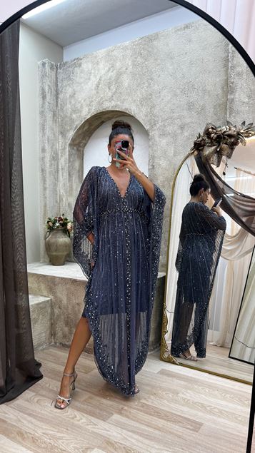 Anthracite Bat Sleeve Special Hand Embroidered Design Dress