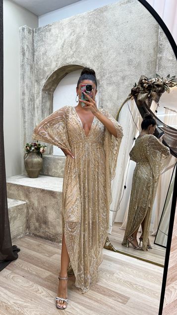 Yellow Bat Sleeve Special Hand Embroidered Design Dress