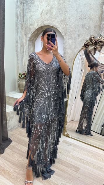 Anthracite V Neck Special Hand Embroidered Design Dress