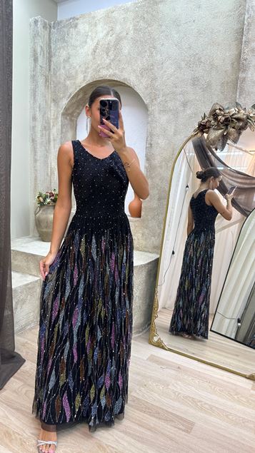 Black V-Neck Back Detail Special Embroidered Design Dress