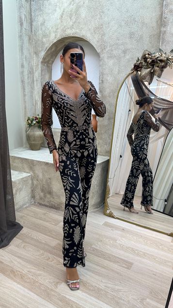 Black V-Neck Back Detail Special Embroidered Design Jumpsuit