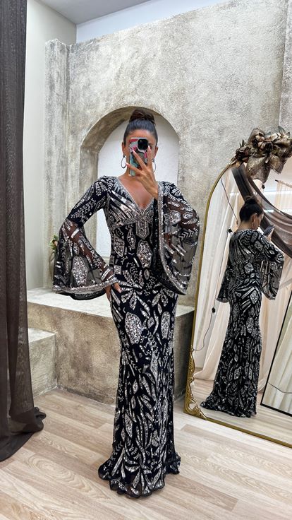 Black V-Neck Special Embroidery Detail Design Dress