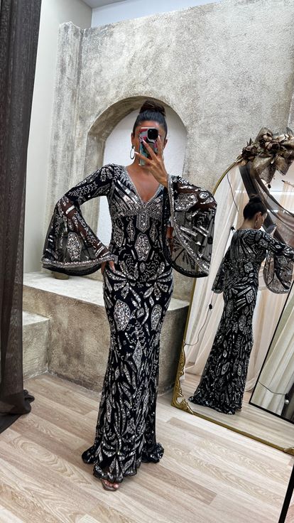 Black V-Neck Special Embroidery Detail Design Dress