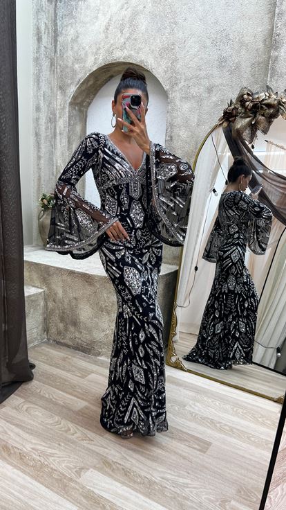 Black V-Neck Special Embroidery Detail Design Dress