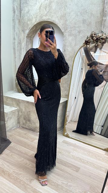 Siyah Transparan Detay Özel İşlemeli Elbise