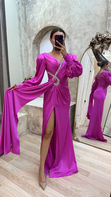 Fuchsia V Neck Embroidered Detail Balloon Sleeve Draped Design Evening Dress