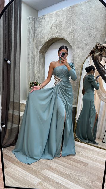 Anthracite One Shoulder Waist Detail Design Satin Evening Dress