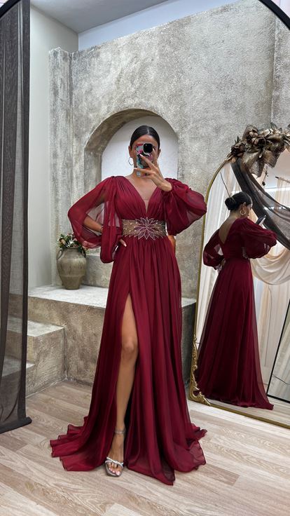 Claret Red Back Detail Embroidered Design Chiffon Evening Dress
