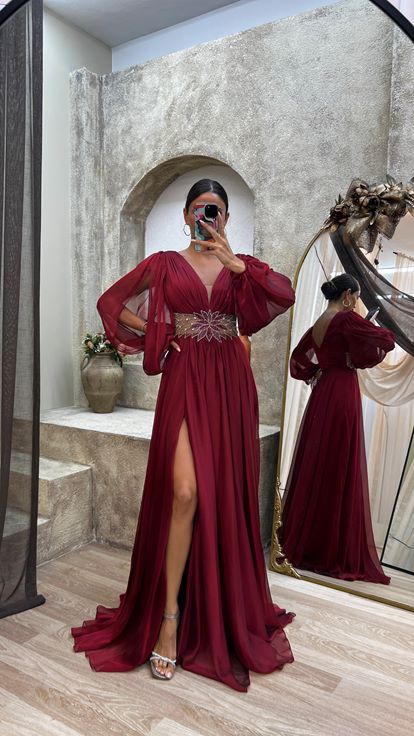 Claret Red Back Detail Embroidered Design Chiffon Evening Dress