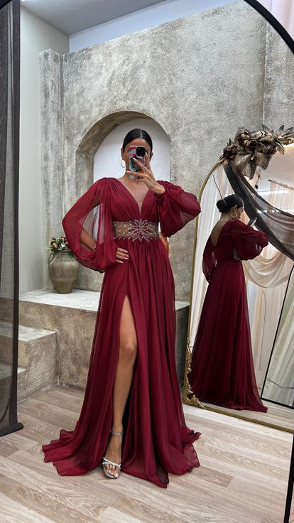 Claret Red Back Detail Embroidered Design Chiffon Evening Dress