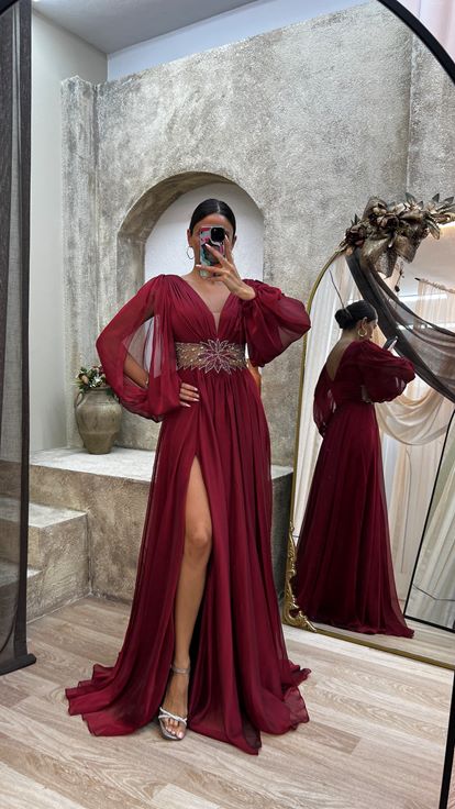 Claret Red Back Detail Embroidered Design Chiffon Evening Dress