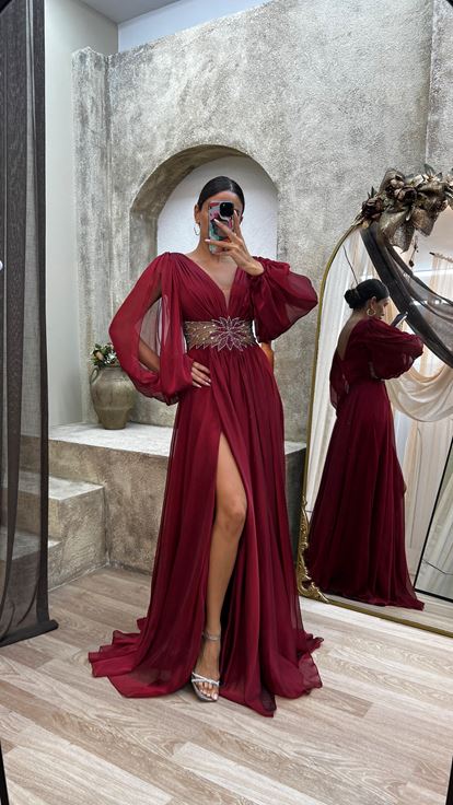 Claret Red Back Detail Embroidered Design Chiffon Evening Dress