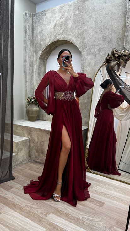 Claret Red Back Detail Embroidered Design Chiffon Evening Dress