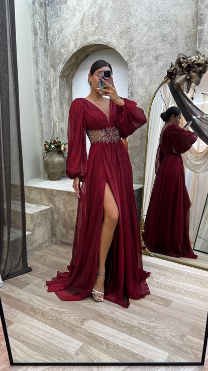 Claret Red Back Detail Embroidered Design Chiffon Evening Dress