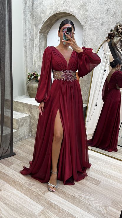 Claret Red Back Detail Embroidered Design Chiffon Evening Dress