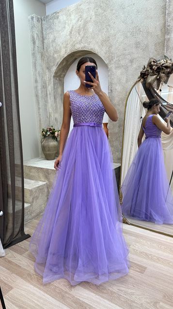 Lilac Bust Embroidery Detail Belted Design Tulle Evening Dress