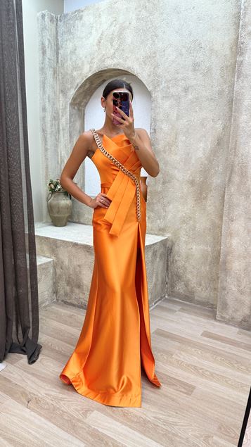 Orange Strapless Chain Satin Robe de soirée