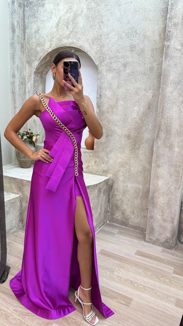 Fucsia senza spalline catena raso abito da sera