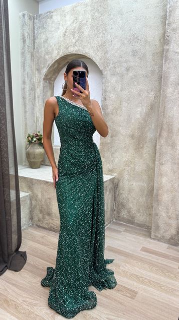 Emerald Green One Shoulder Embroidered Detail Design Evening Dress