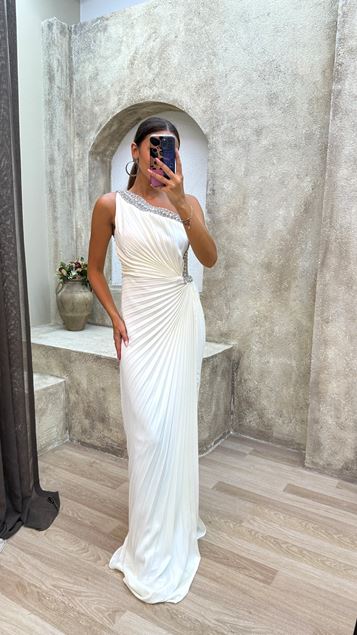 White One Shoulder Pleated Stone Embroidery Detail Design Satin Evening Dress