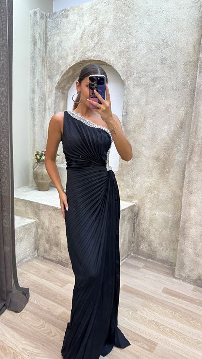 Black One Shoulder Pleated Stone Embroidery Detail Design Satin Evening Dress