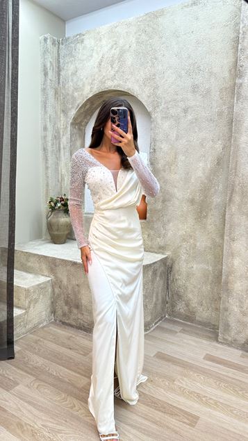 White V-Neck Embroidered Embroidered Design Satin Evening Dress