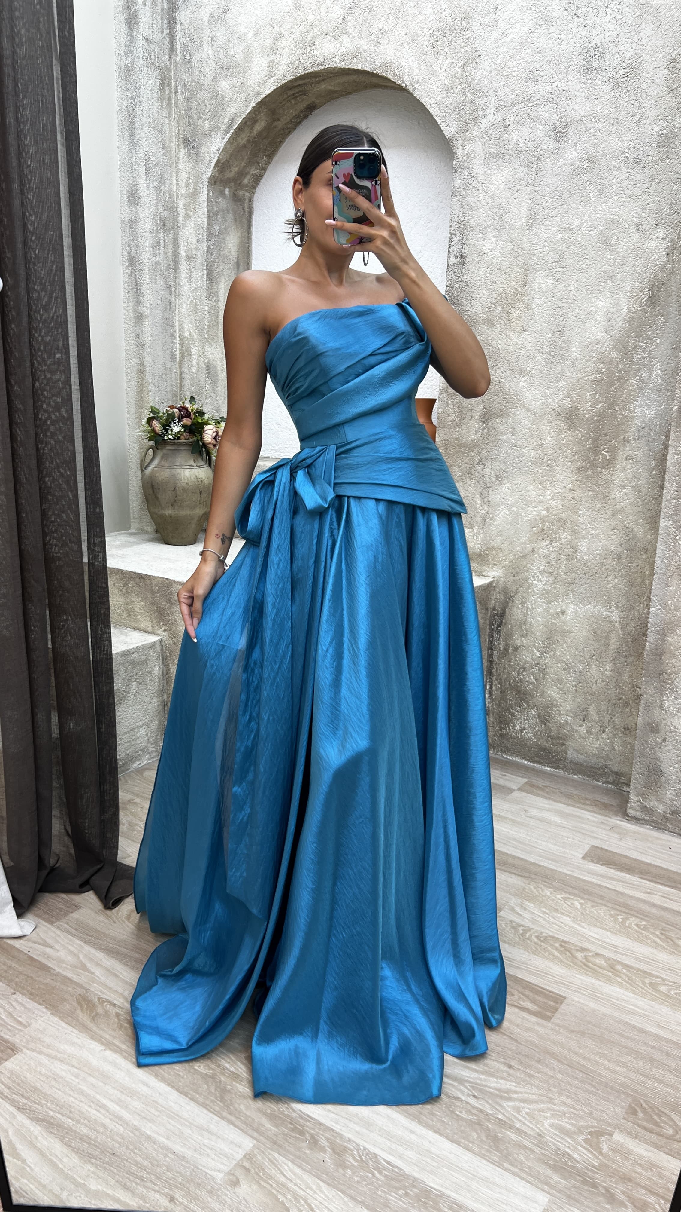 Turquoise Strapless Ruffle Detail Design Evening Dress