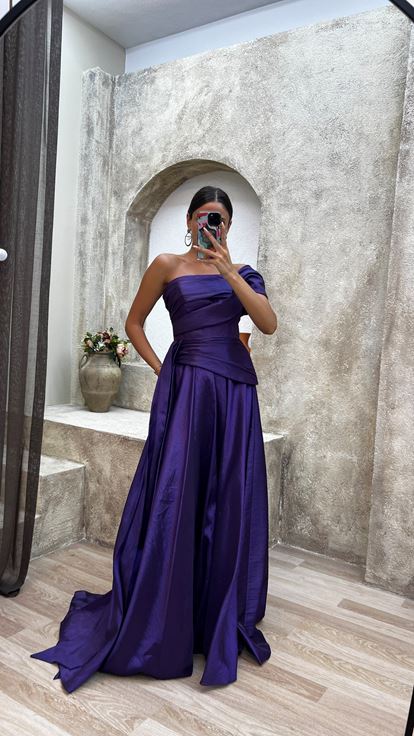 Purple Strapless Ruched Evening Dress