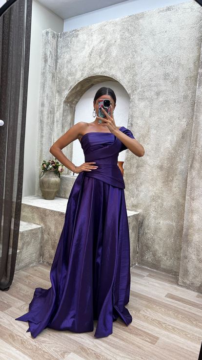 Purple Strapless Ruched Evening Dress