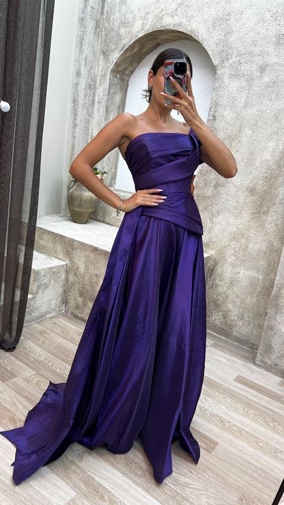 Purple Strapless Ruched Evening Dress