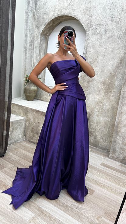 Purple Strapless Ruched Evening Dress