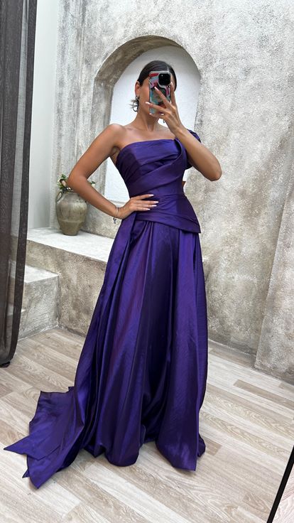 Purple Strapless Ruched Evening Dress