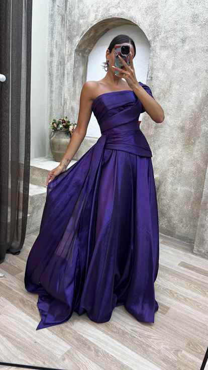 Purple Strapless Ruched Evening Dress