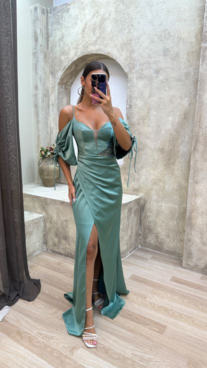 Mint Green Evening Dress with Lace Up Back and Embroidered Waist 