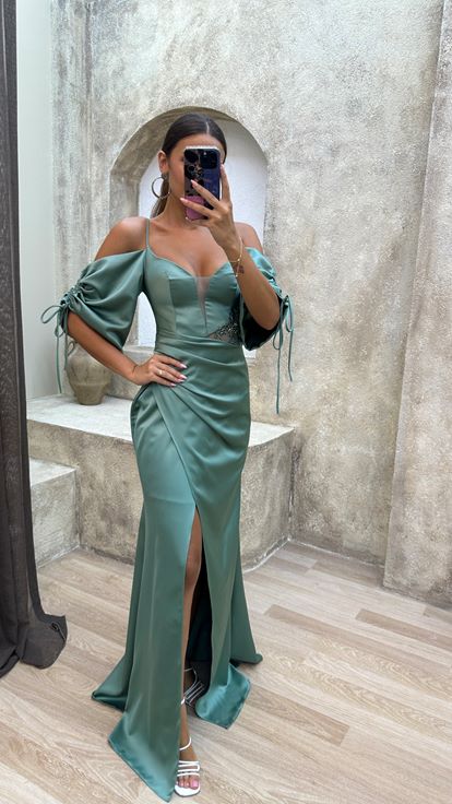 Mint Green Evening Dress with Lace Up Back and Embroidered Waist 