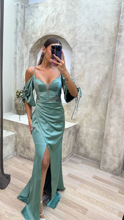 Mint Green Evening Dress with Lace Up Back and Embroidered Waist 