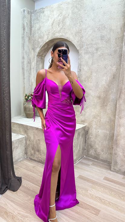 Fucsia Posteriore Corda Dettaglio Vita Abito da sera Ricamato