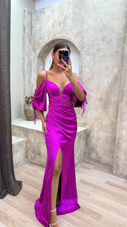 Fucsia Posteriore Corda Dettaglio Vita Abito da sera Ricamato