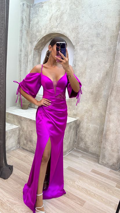 Fucsia Posteriore Corda Dettaglio Vita Abito da sera Ricamato