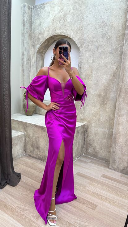 Fucsia Posteriore Corda Dettaglio Vita Abito da sera Ricamato