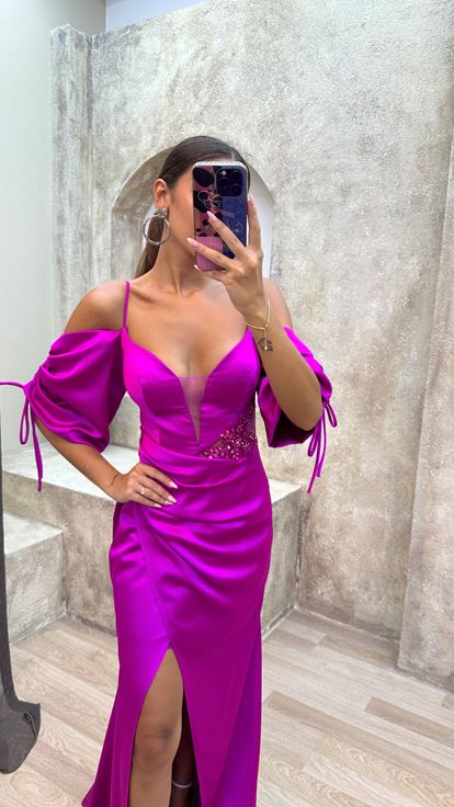 Fucsia Posteriore Corda Dettaglio Vita Abito da sera Ricamato