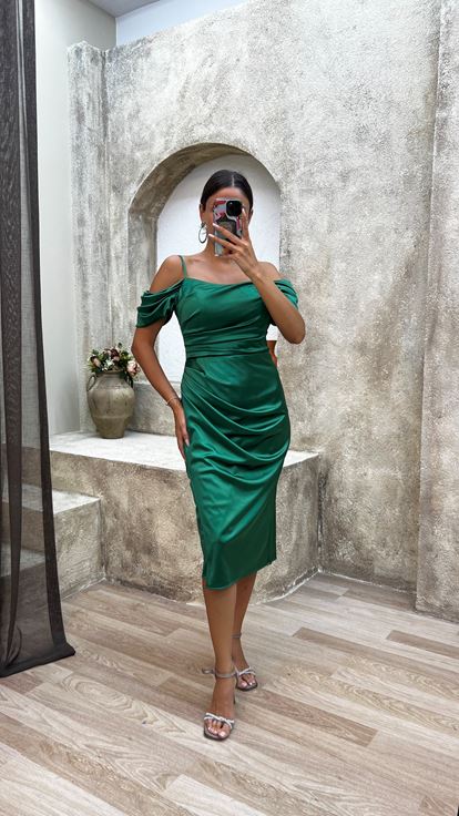 Emerald Green Rope Strap Sleeve Detail Design Midi Satin Dress