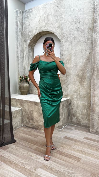 Emerald Green Rope Strap Sleeve Detail Design Midi Satin Dress
