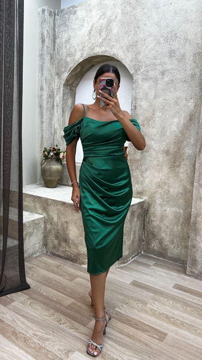 Emerald Green Rope Strap Sleeve Detail Design Midi Satin Dress