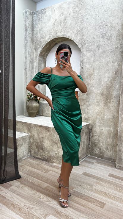 Emerald Green Rope Strap Sleeve Detail Design Midi Satin Dress