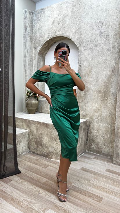 Emerald Green Rope Strap Sleeve Detail Design Midi Satin Dress
