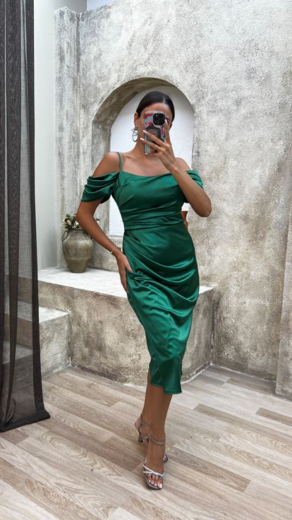 Emerald Green Rope Strap Sleeve Detail Design Midi Satin Dress