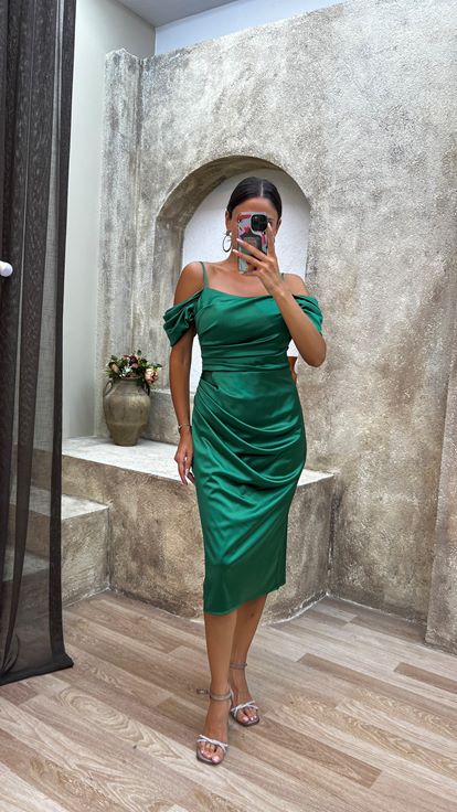 Emerald Green Rope Strap Sleeve Detail Design Midi Satin Dress