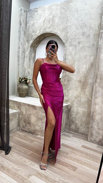 Fuchsia Rope Strap Cordon Satin Robe de soirée