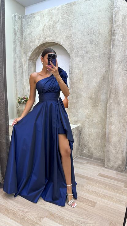 Blu Navy Una spalla Coulisse raso Abito da sera